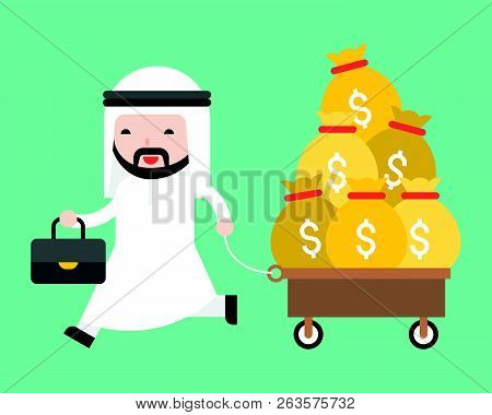 Happy Cute Arab Business Man Pulling Cart Which Full With Money Bag, Business Situation Concept Abou