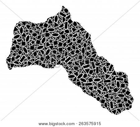 Mosaic Map Of Kurdistan Formed With Black Flat Geometric Shapes, Such As Triangles, Stars, Rectangle
