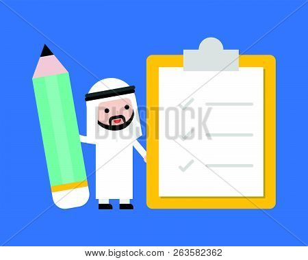 Cute Arab Businessman Holding Giant Pencil With Checklist, Business Situation Survey Or Questionare 