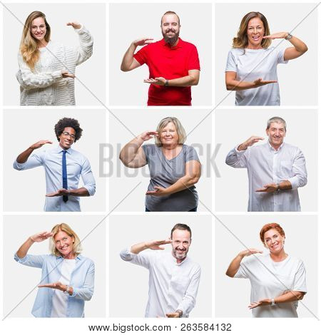 Collage of group of young, middle age and senior people over isolated background gesturing with hands showing big and large size sign, measure symbol. Smiling looking at the camera. Measuring concept.