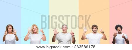 Collage of group of young and middle age people wearing white t-shirt over color isolated background showing and pointing up with fingers number six while smiling confident and happy.
