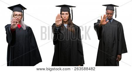 Collage of group of young student people wearing univerty graduated uniform over isolated background doing stop sing with palm of the hand. Warning expression with negative and serious gesture 