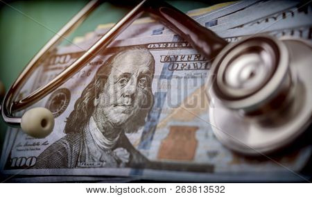 Phonendoscope On American Tickets, Concept Of Sanitary Copayment