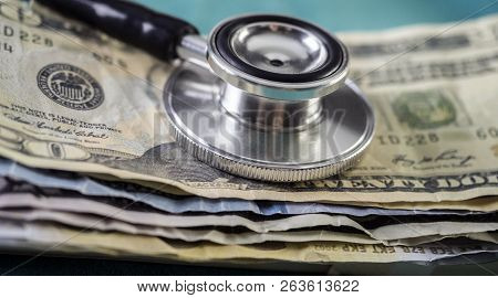 Phonendoscope On American Tickets, Concept Of Sanitary Copayment