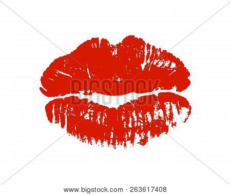Glamour Red Lips Imprint Isolated On White Background. Charming Lipstick Kiss Vector Illustration. V