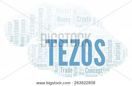 Tezos Cryptocurrency Coin Word Cloud. Word Cloud Made With Text Only.