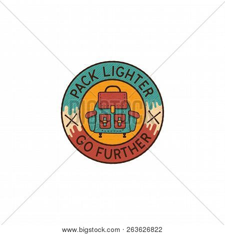 Backpacking Logo Emblem. Vintage Hand Drawn Travel Badge. Featuring Colorful Flat Backpack And Custo