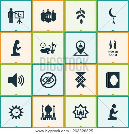 Holiday Icons Set With Ketupat, Mosque, Adhaan And Other Pinpoint Elements. Isolated  Illustration H