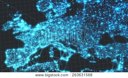 Glowing City And Human Population Density Areas With Linear Connections Between Them. View Of Europa