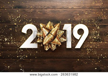 Creative Background, 2019 Happy New Year. Gold Numbers Design Of Greeting Card Of. Gold Shining Patt