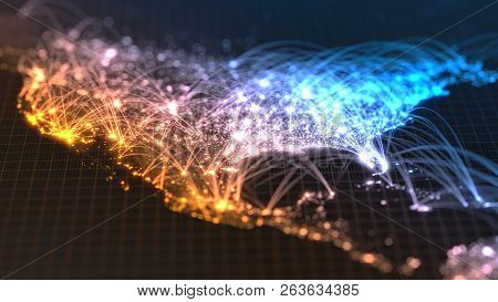 Glowing City And Human Population Density Areas With Bouncy Line Connections Between Them. 3d Illust