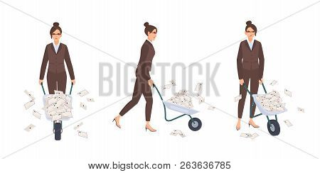 Secretary Woman Dressed In Elegant Office Suit Carrying Wheelbarrow Full Of Letters In Envelopes. Fe