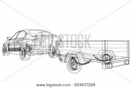 Sedan With Open Trailer Sketch. Vector Rendering Of 3d. Wire-frame Style. The Layers Of Visible And 