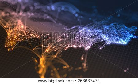 Glowing City And Human Population Density Areas With Bouncy Line Connections Between Them. View Of A