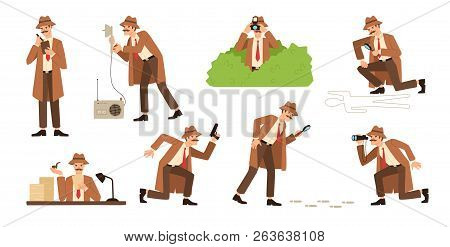 Bundle Of Detective With Mustache Looking Through Magnifying Glass, Sneaking, Spying, Solving Crime,