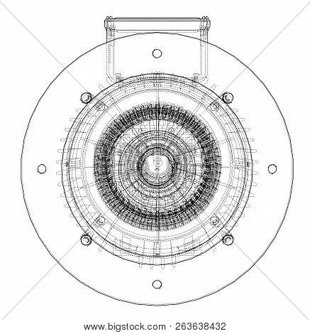 Electric Motor Sketch. Vector Rendering Of 3d. Wire-frame Style. The Layers Of Visible And Invisible