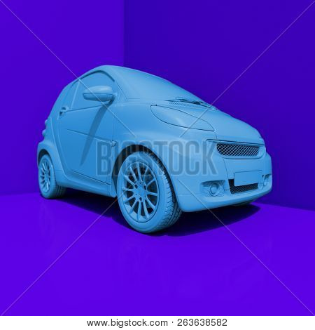 3d Small Modern Compact Car with Glossy Paint, Hi-Detailed Micro Car Template Mockup, Urban Electric Mini Car for Branding Corporate Identity Logo Design, Eco-Friendly Hi-Tech Vehicle, Small Vehicle