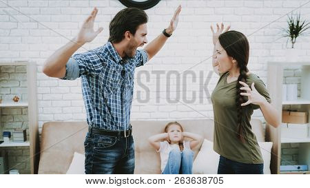 Child Closes Ears. Family Problems. Parents Scandal. Scared Child. Angry Person. Complicated Relatio