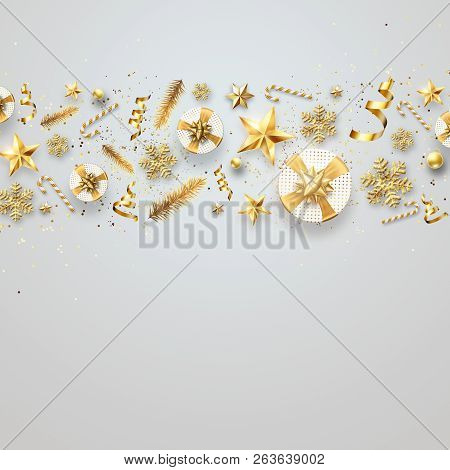 Creative Background, Christmas Decorative Border Made Of Festive Elements On A Light Background. Hap