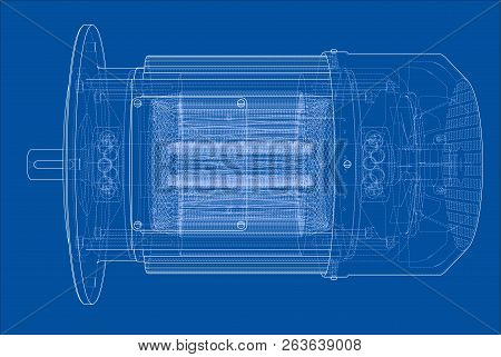 Electric Motor Sketch. Vector Rendering Of 3d. Wire-frame Style. The Layers Of Visible And Invisible