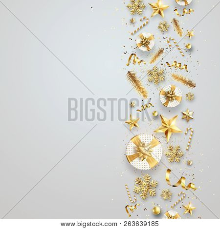 Creative Background, Christmas Decorative Border Made Of Festive Elements On A Light Background. Hap