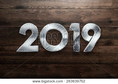 Creative Background, Metal Year Two Thousand Nineteen, Happy New Year 2019 , Metallic Text. Copy Spa