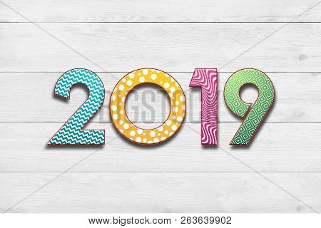 Creative Background, 2019 Happy New Year. Colorful Design. Numbers Design Of Greeting Card Of. Banne