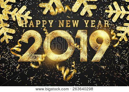 Creative Background, 2019 Happy New Year. Gold Numbers Design Of Greeting Card Of. Gold Shining Patt