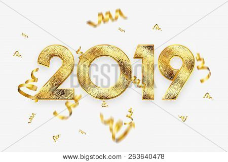 Creative Background, 2019 Happy New Year. Gold Numbers Design Of Greeting Card Of. Gold Shining Patt