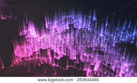 Glowing City And Human Population Density Areas With Rising Lines From Them. View Of Europa. 3d Illu