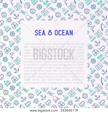 Sea And Ocean Journey Concept With Thin Line Icons: Sailboat, Fishing, Ship, Oysters, Anchor, Octopu