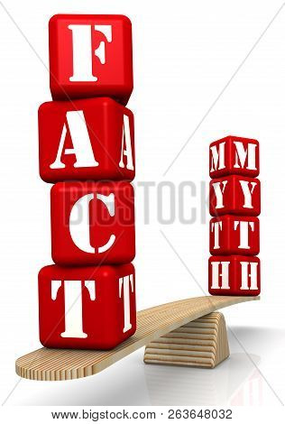 Fact Or Myth? Comparison On The Scales. The Words Fact And Myth, Made Of Red Bricks, Are Weighed In 