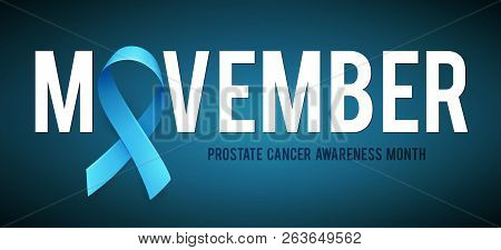 Banner For Prostate Cancer Awareness Month In November. Word Movember With Realistic Blue Ribbon. De