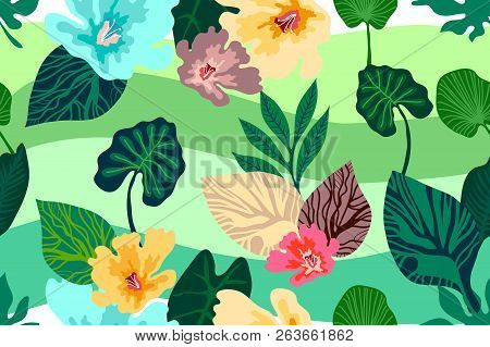 Seamless Vector Pattern With Palm Leaves And Tropical Plants. Aloha Textile Collection. On Dark Blue