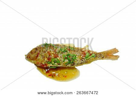 Crispy Fried Sharp Tooth Snapper Dressing With Sweet Chili Sauce On White Background