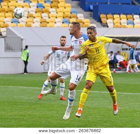 Lviv, Ukraine - September 9, 2018: Milan Skriniar Of Slovakia (l) Fights For A Ball With Marlos Of U