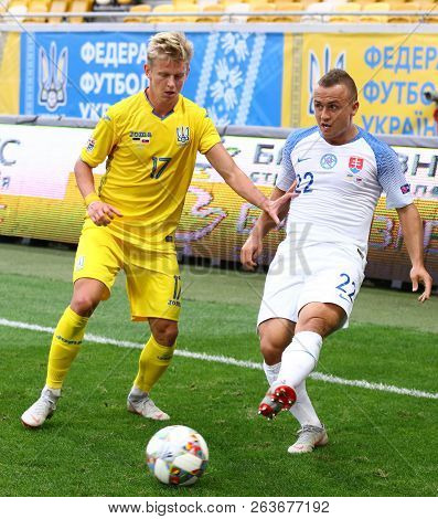 Lviv, Ukraine - September 9, 2018: Olexandr Zinchenko Of Ukraine (l) Fights For A Ball With Stanisla