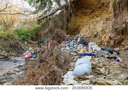 Miercurea Ciuc, Romania- 17 October 2018: Cleen Little Creek Contaminated With Household Waste, Conc