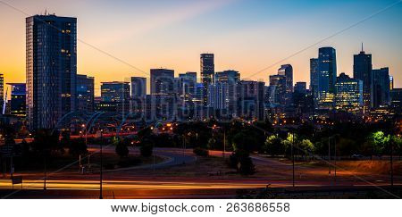 Sunrise Cityscape Turning Blue Hour From Nightscape Modern Skyline Silhouette Across The Skyscrapers