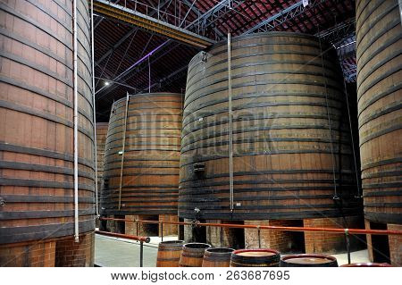 Thuir, France - September 5, 2018: Inside The Cellars Of The Byrrh Company In Thuir Which Makes Its 