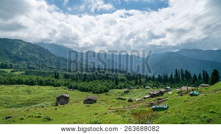 Artvin, Turkey - July 2018: Gorgit Highland With Old Houses And Green Valley In Blacksea Region, Art