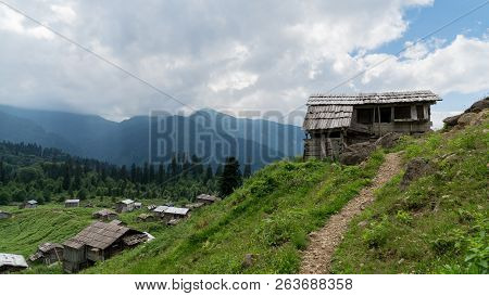 Artvin, Turkey - July 2018: Gorgit Highland With Old Houses And Green Valley In Blacksea Region, Art