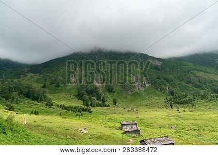 Artvin, Turkey - July 2018: Gorgit Highland With Old Houses And Green Valley In Blacksea Region, Art