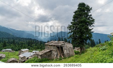Artvin, Turkey - July 2018: Gorgit Highland With Old Houses And Green Valley In Blacksea Region, Art