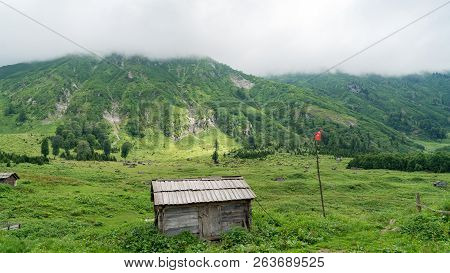 Artvin, Turkey - July 2018: Gorgit Highland With Old Houses And Green Valley In Blacksea Region, Art