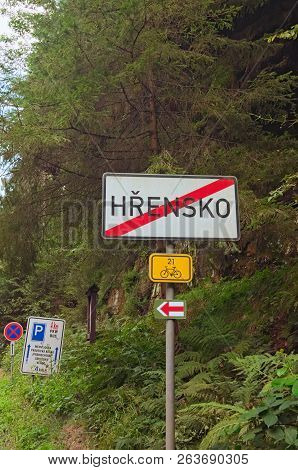 Hrensko Sign. The Text On Sign: Hrensko (village Name). End Of Settlement. Bohemian Switzerland Nati