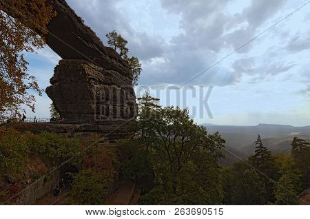 Pravcice Gate In Bohemian Switzerland National Park. Some Minutes Before Summer Rain. Famous Tourist