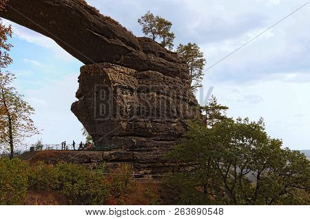 Pravcice Gate In Bohemian Switzerland National Park. During Summer Rain. Famous Touristic Place And 