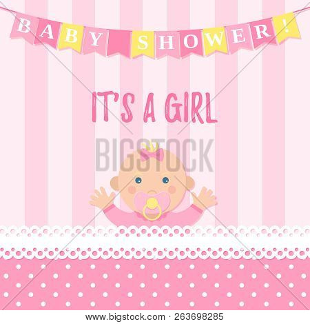 Baby Shower Girl Card. Vector. Sweet Pink Banner With Newborn Kid, Flags, Polka Dot Pattern. Baby Gi