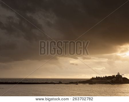 Agios Fokas Near Monemvasia In Stormy Weather Overcast Sky. Small Cemetery On Sea Shore, Maleas Peni